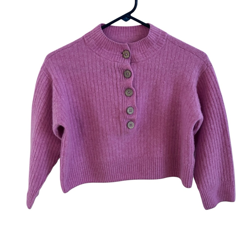 Free People Pink Cashmere Ribbed Henley Cropped Sweater XS